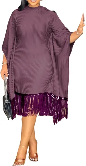 YOOTIKO Women Elegant Midi Dress Formal Wedding Guest Party Plus Size Sequin Fringe Ribbed Dresses