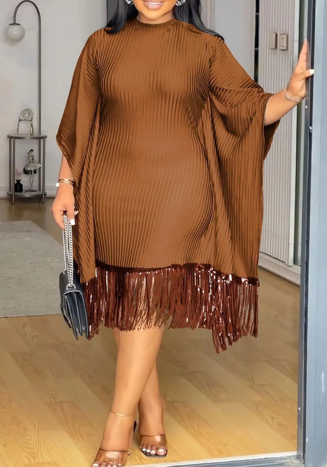 YOOTIKO Women Elegant Midi Dress Formal Wedding Guest Party Plus Size Sequin Fringe Ribbed Dresses