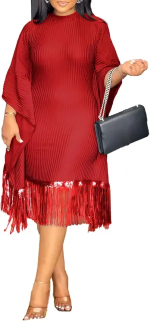 YOOTIKO Women Elegant Midi Dress Formal Wedding Guest Party Plus Size Sequin Fringe Ribbed Dresses