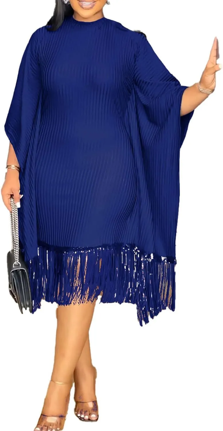 YOOTIKO Women Elegant Midi Dress Formal Wedding Guest Party Plus Size Sequin Fringe Ribbed Dresses