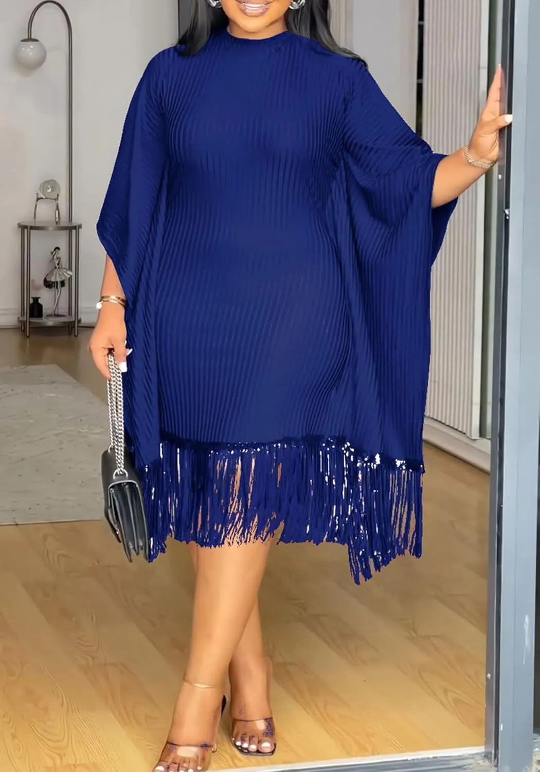 YOOTIKO Women Elegant Midi Dress Formal Wedding Guest Party Plus Size Sequin Fringe Ribbed Dresses