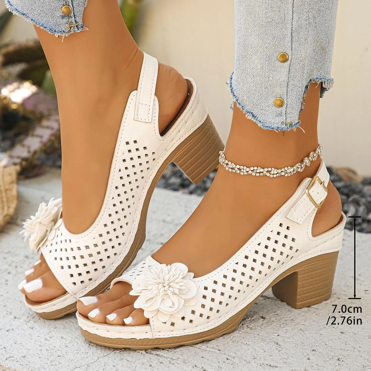 ZSpzx Womens Open Toe Chunky Heel Ankle Strap Shoes Block Mid Hollow Out Slingback Sandals Comfort Dressy Fish Mouth Heels Straps Flowers Comfortable Sandal Summer Low Adjustable Walking Sandals