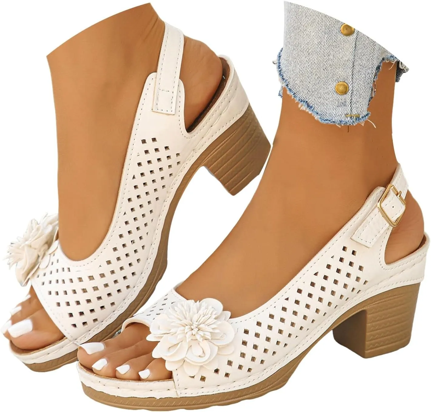 ZSpzx Womens Open Toe Chunky Heel Ankle Strap Shoes Block Mid Hollow Out Slingback Sandals Comfort Dressy Fish Mouth Heels Straps Flowers Comfortable Sandal Summer Low Adjustable Walking Sandals
