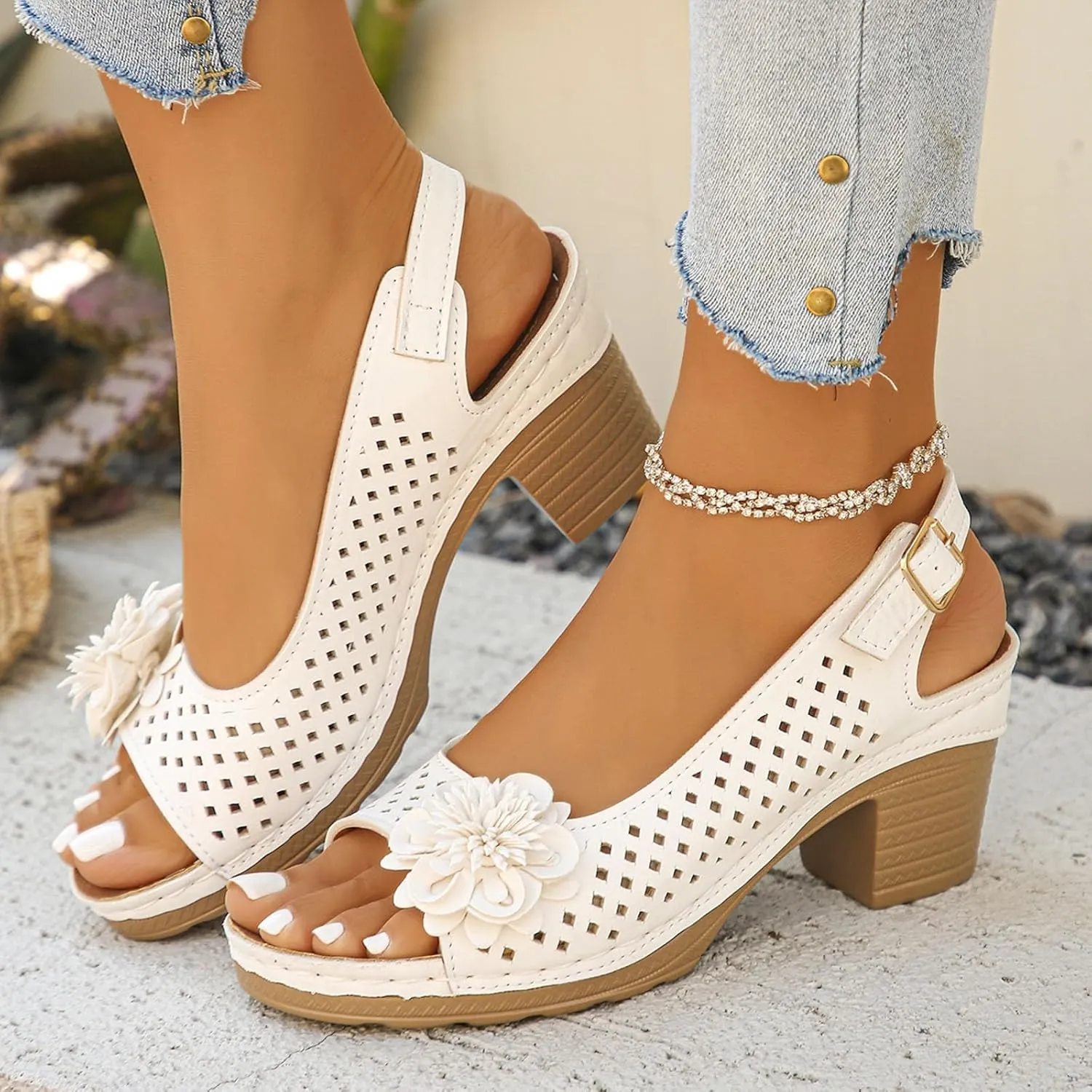 ZSpzx Womens Open Toe Chunky Heel Ankle Strap Shoes Block Mid Hollow Out Slingback Sandals Comfort Dressy Fish Mouth Heels Straps Flowers Comfortable Sandal Summer Low Adjustable Walking Sandals