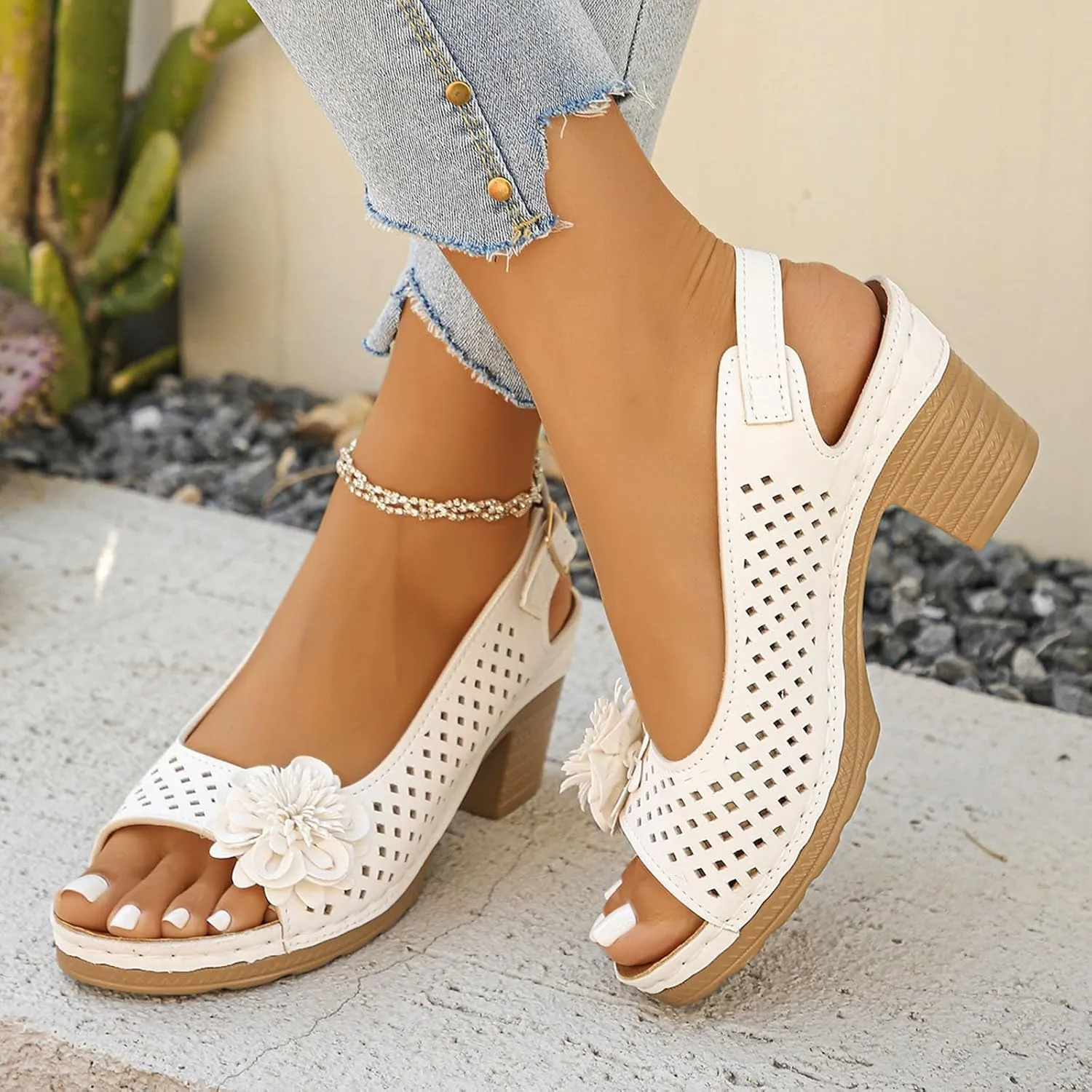ZSpzx Womens Open Toe Chunky Heel Ankle Strap Shoes Block Mid Hollow Out Slingback Sandals Comfort Dressy Fish Mouth Heels Straps Flowers Comfortable Sandal Summer Low Adjustable Walking Sandals